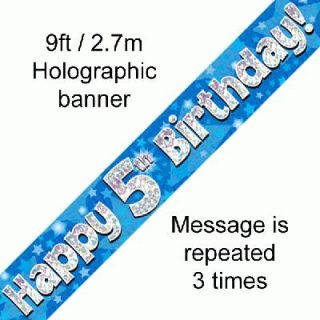 9ft Banner Happy 5th Birthday Blue holographic*