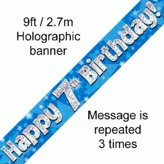 9ft Banner Happy 7th Birthday Blue holographic*