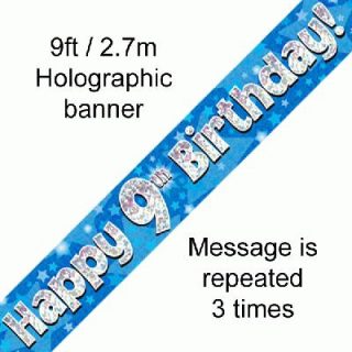 9ft Banner Happy 9th Birthday Blue holographic*