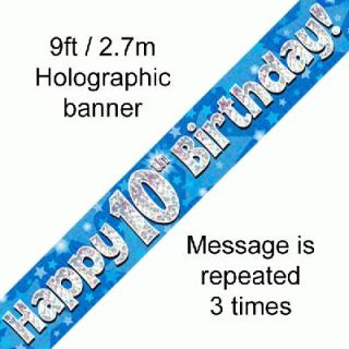 9ft Banner Happy 10th Birthday Blue holographic*