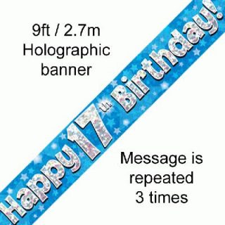 9ft Banner Happy 17th Birthday Blue Holographic*