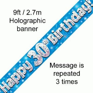 9ft Banner Happy 30th Birthday Blue Holographic*
