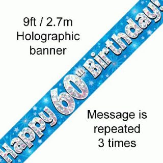 9ft Banner Happy 60th Birthday Blue Holographic*