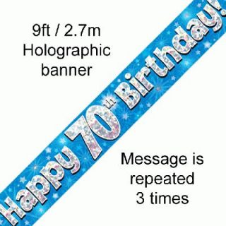 9ft Banner Happy 70th Birthday Blue Holographic*