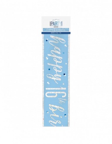 1 9ft Glitz Blue & Silver Foil Banner "Happy 16th Birthday"