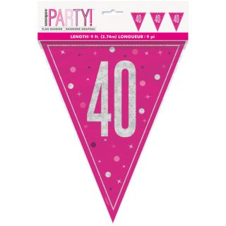 Unique - GLITZ 40 Pink Flag Banner, 9 ft, Prismatic Plastic - 82009