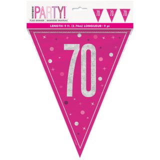 Unique - GLITZ 70 Pink Flag Banner, 9 ft, Prismatic Plastic - 82012