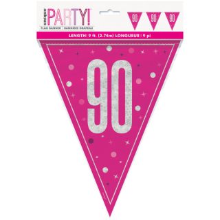 Unique - GLITZ 90 Pink Flag Banner, 9 ft, Prismatic Plastic -  82014