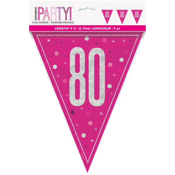 Unique - GLITZ 80 Pink Flag Banner, 9 ft, Prismatic Plastic - 82013