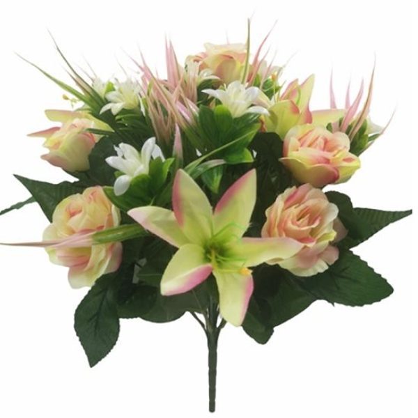 Florist Supplies - 48cm ROSE AND LILY BUSH WITH GRASS PINK/CREAM - 012517