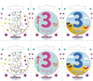 Age 3 Small Badges (6 assorted per perforated card) (5.5cm)*
