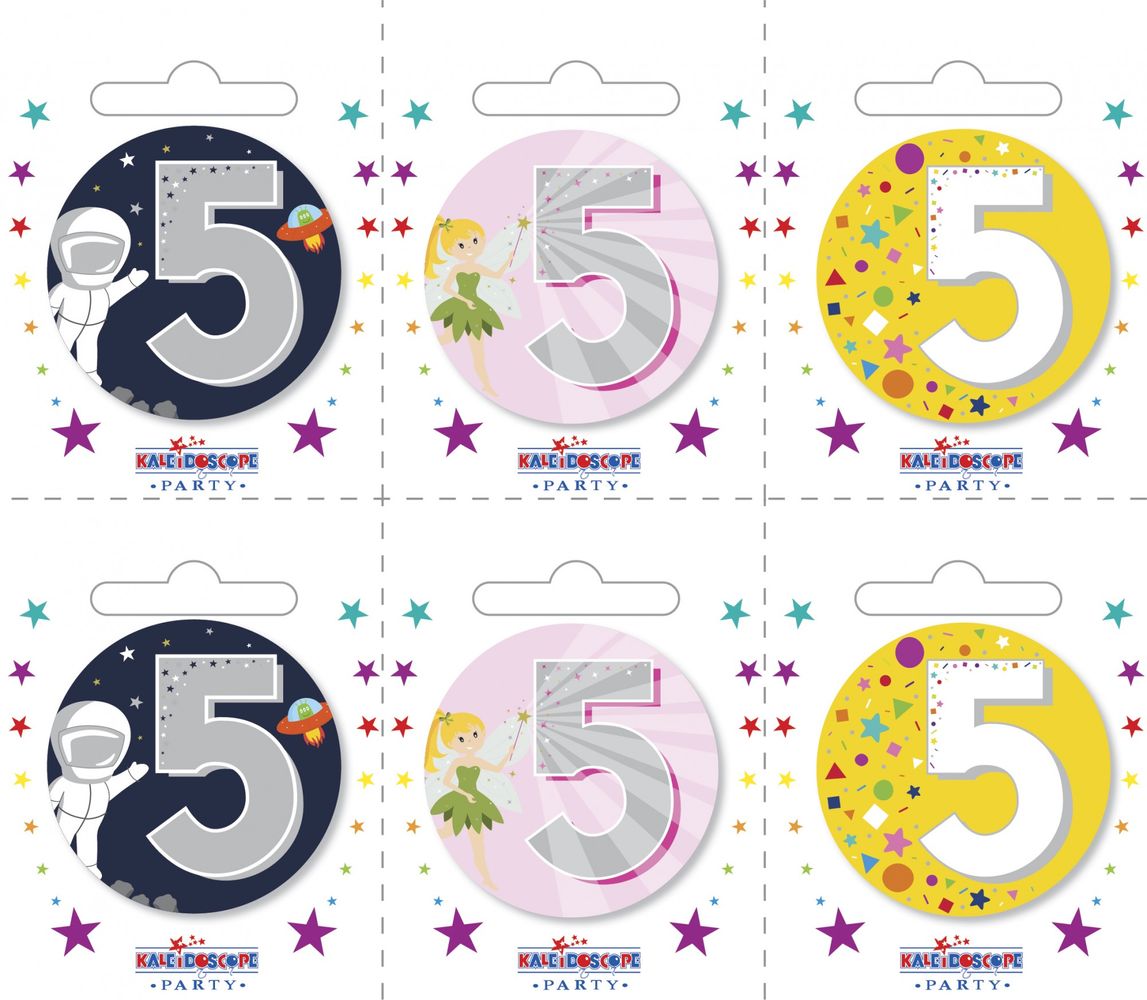 Age 5 Small Badges (6 assorted per perforated card) (5.5cm)*