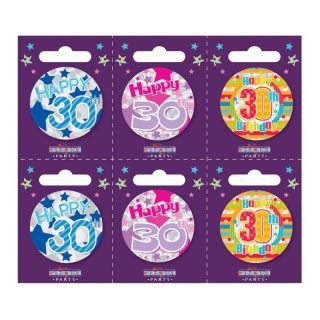 Age 30 Small Badges (6 assorted per perforated card) (5.5cm)*