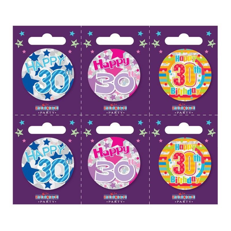 Age 30 Small Badges (6 assorted per perforated card) (5.5cm)*