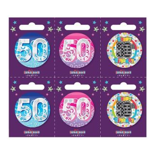 Age 50 Small Badges (6 assorted per perforated card) (5.5cm)