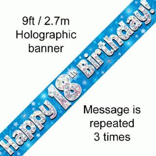 9ft Banner Happy 18th Birthday Blue Holographic*