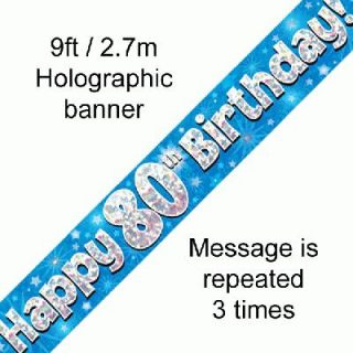 9ft Banner Happy 80th Birthday Blue Holographic*