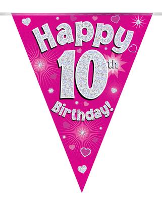 Party Bunting Happy 10th Birthday Pink Holographic 11 flags 3.9m*