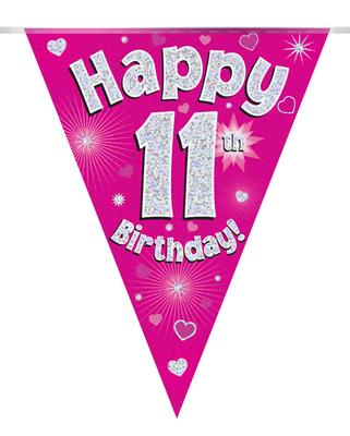 Party Bunting Happy 11th Birthday Pink Holographic 11 flags 3.9m*