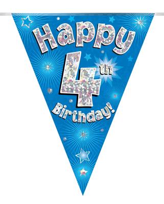 Party Bunting Happy 4th Birthday Blue Holographic 11 flags 3.9m*