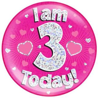 6" Jumbo Badge I am 3 Today Pink Holographic Dot*