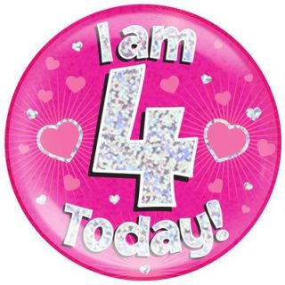 6" Jumbo Badge I am 4 Today Pink Holographic Dot*