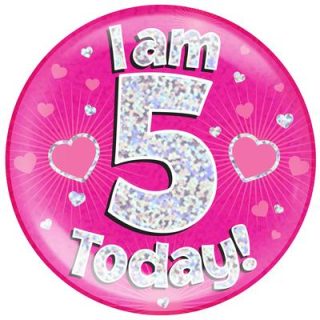 6" Jumbo Badge I am 5 Today Pink Holographic Dot*