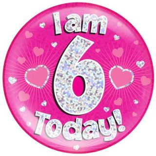 6" Jumbo Badge I am 6 Today Pink Holographic Dot*