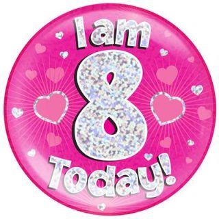 6" Jumbo Badge I am 8 Today Pink Holographic Dot*