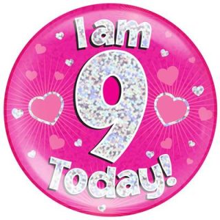 6" Jumbo Badge I am 9 Today Pink Holographic Dot*