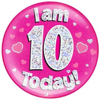 6" Jumbo Badge I am 10 Today Pink Holographic Dot*