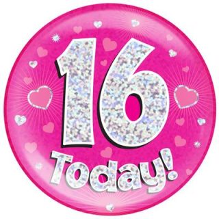 6" Jumbo Badge 16 Today Pink Holographic Dot*