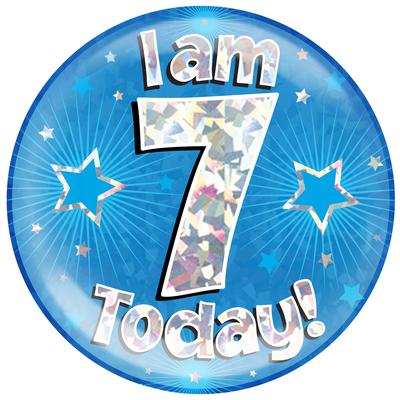 6" Jumbo Badge I am 7 Today Blue Holographic Cracked Ice*