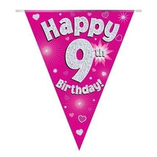 Party Bunting Happy 9th Birthday Pink Holographic 11 flags 3.9m*