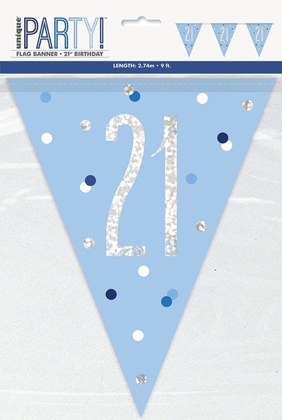 Birthday Blue Glitz Number 21 Flag Banner, 9 ft