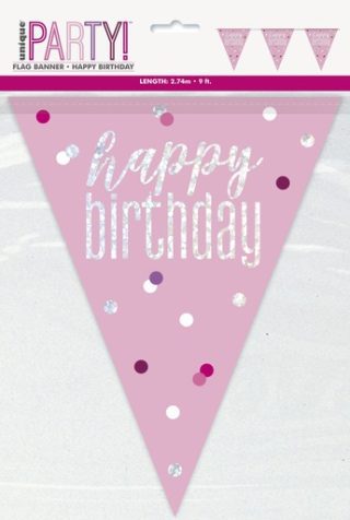 9ft Glitz Pink & Silver Prismatic Plastic Flag Banner "Happy Birthday" - 83447