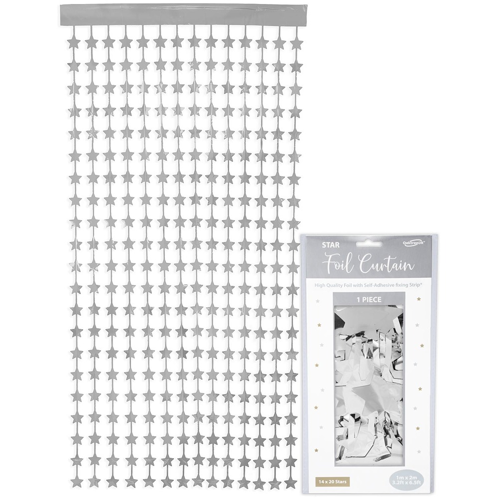 Oaktree Star Foil Door Curtain 1m x 2m Metallic Silver - 667716*