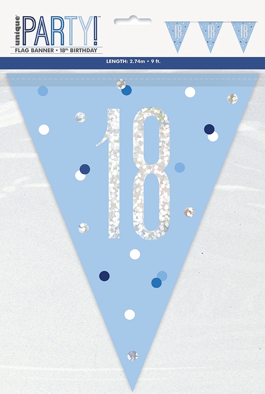 Birthday Blue Glitz Number 18 Flag Banner, 9 ft