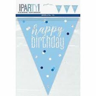 1 9ft Glitz Blue & Silver Prismatic Plastic Flag Banner "Happy Birthday" - 83434