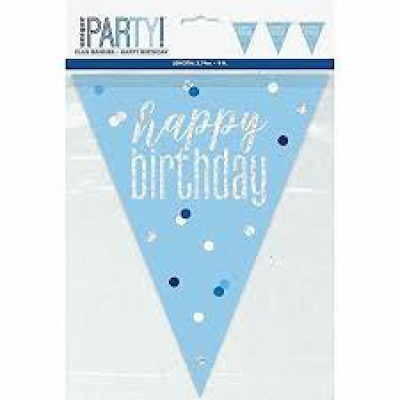 1 9ft Glitz Blue & Silver Prismatic Plastic Flag Banner "Happy Birthday" - 83434