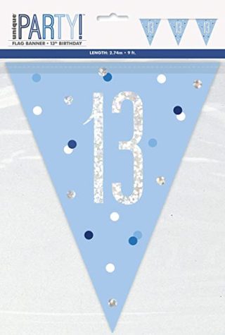 Birthday Blue Glitz Number 13 Flag Banner, 9 ft