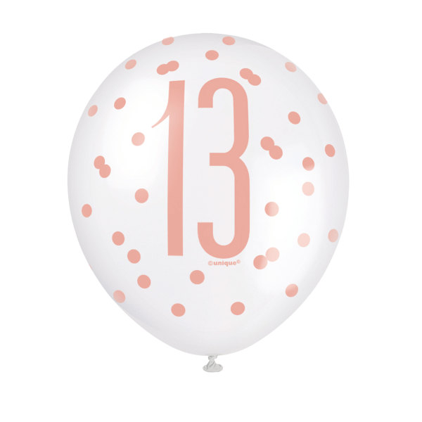 Birthday Rose Gold Glitz Number 13 12" Latex Balloons, 6ct