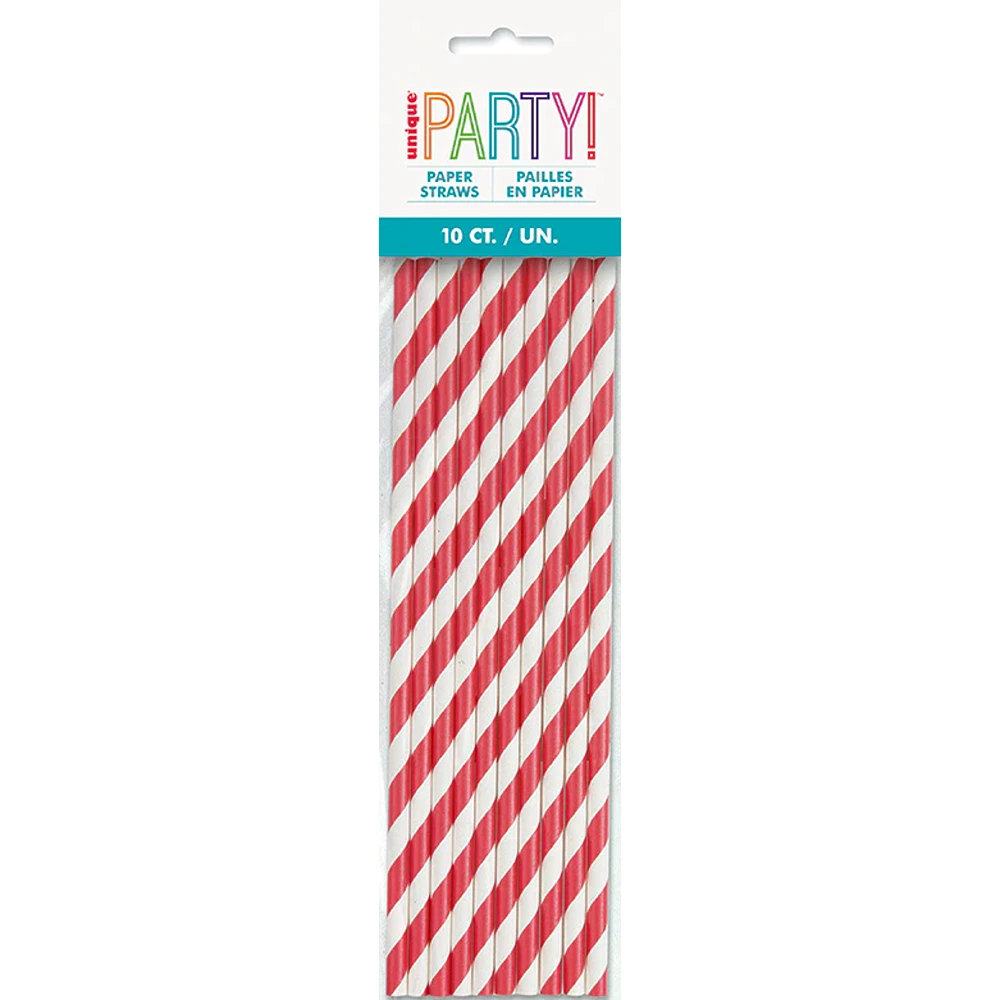 Unique - Ruby Red Striped Paper Straws, 10ct - 63687
