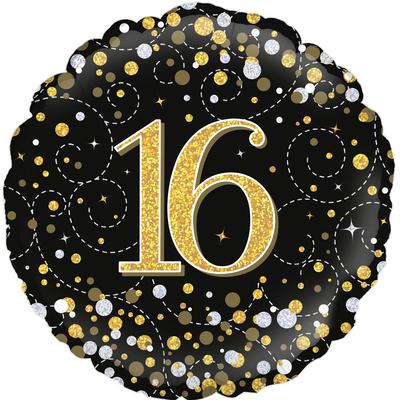 Oaktree 18" 16th Sparkling Fizz Birthday Black & Gold Holographic*