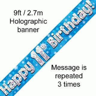 9ft Banner Happy 11th Birthday Blue Holographic*