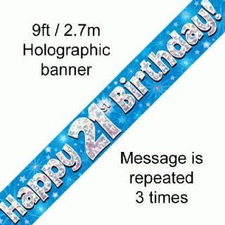 9ft Banner Happy 21st Birthday Blue Holographic*
