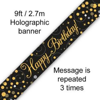 9ft Banner Sparkling Fizz Happy Birthday Black & Gold Holographic*