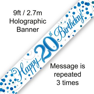 9ft Banner 20th Sparkling Fizz Birthday Blue Holographic*