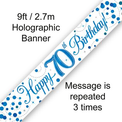 9ft Banner 70th Sparkling Fizz Birthday Blue Holographic*