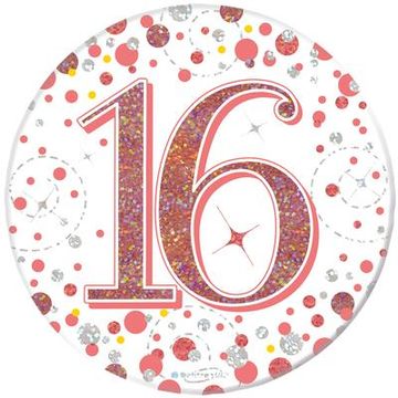 Oaktree 3" Badge 16th Birthday Sparkling Fizz Rose Gold Holographic